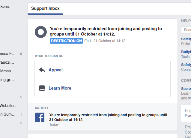 jāraksta #appeal un jāgaida, kad fb ierobežojumu noņems