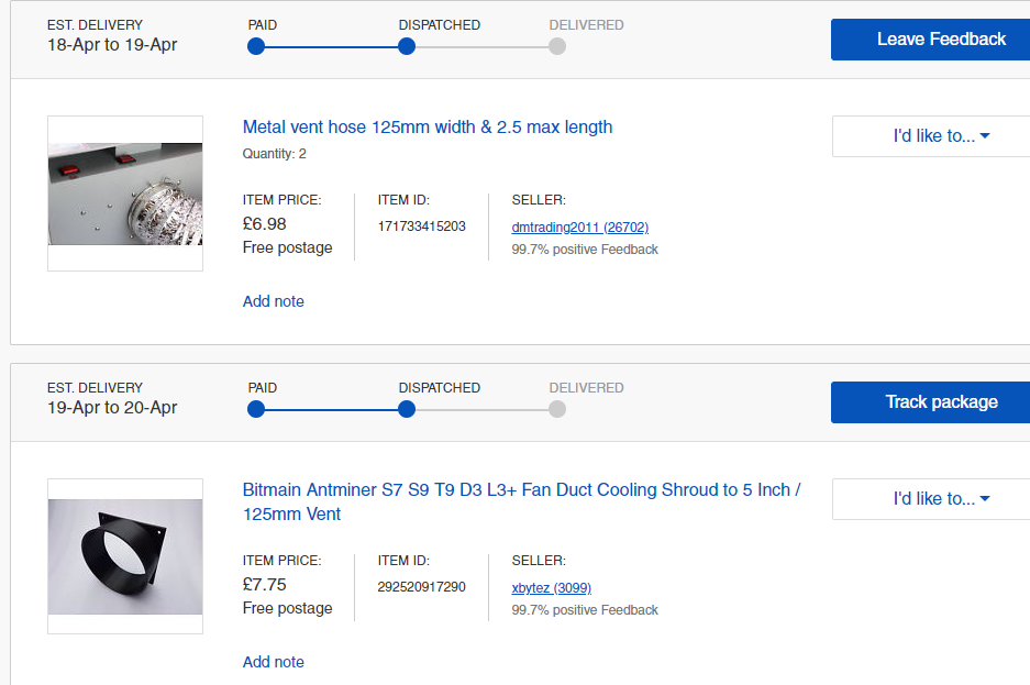 ebay-ā pasūtītā D3 mainera ventilācijas caurule un turētājs