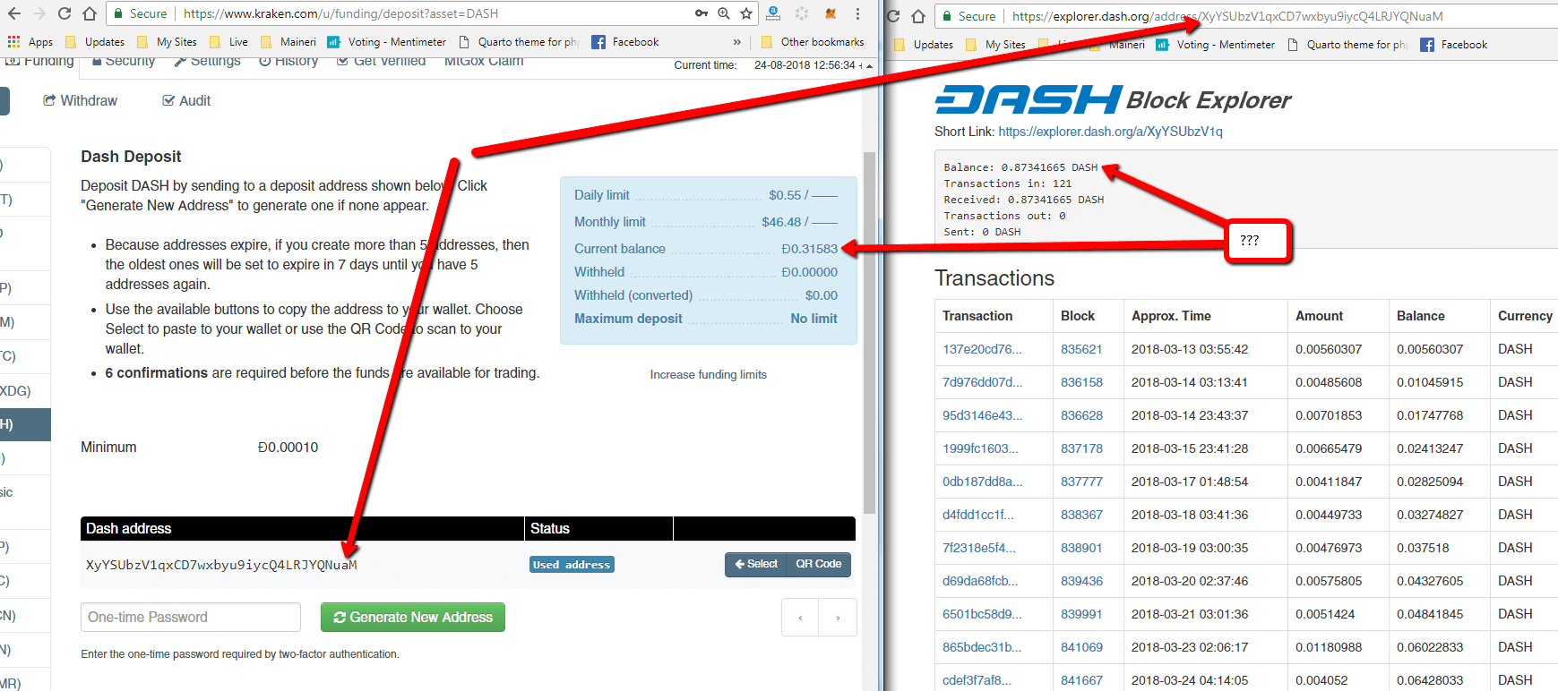 kraken un dash explorer konta balances nesakrīt