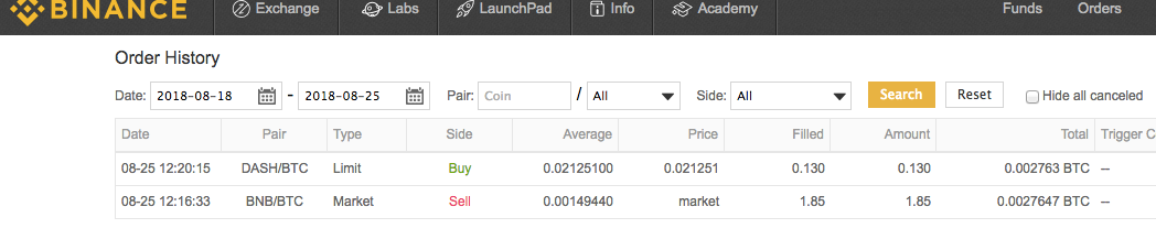 Binance veikto pasūtījumu screenshot