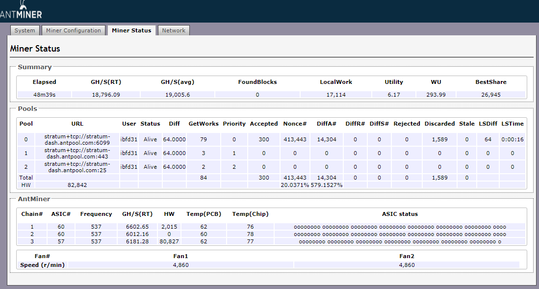 var skaitļus salīdzināt ar tiem, kurus varam redzēt pa tiešo pievienojoties mainerim