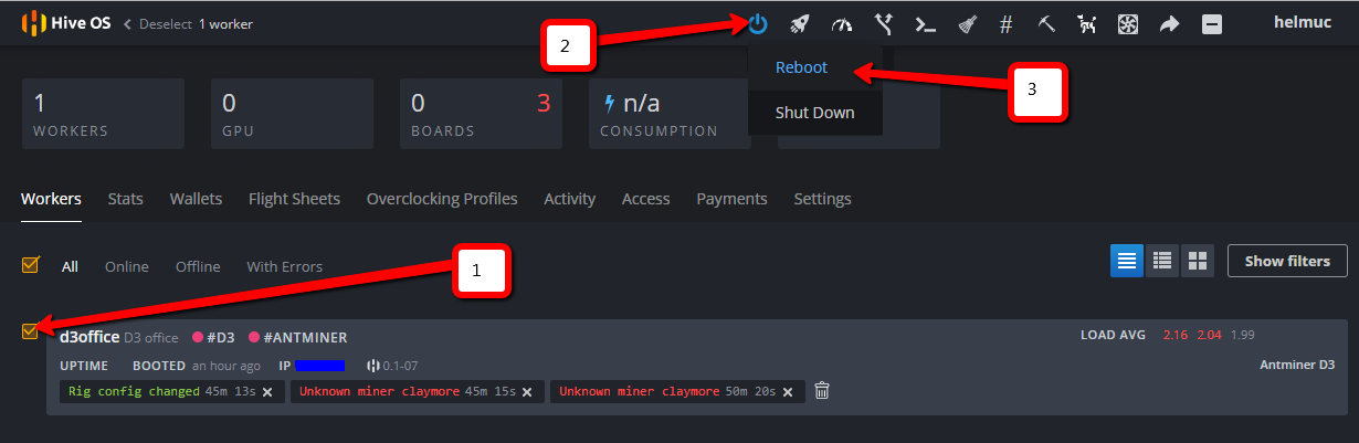 ieķeksējam maineri un augšā parādās power poga > uzejot uz tās parādās iespēja restartēt vai izslēgt maineri 