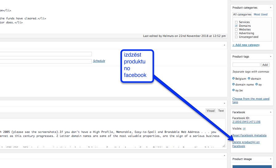 kā izdzēst sinhronizēto produktu no facebook, neizejot no wordpress produkta lapas