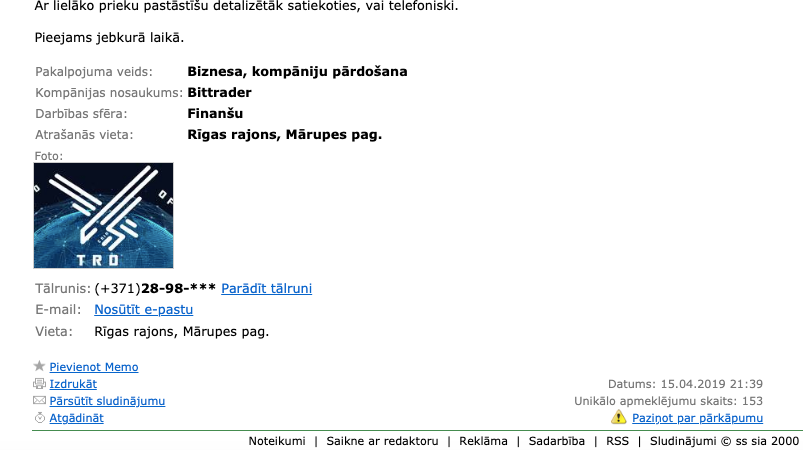 sludinājums ievietots 15. aprīlī