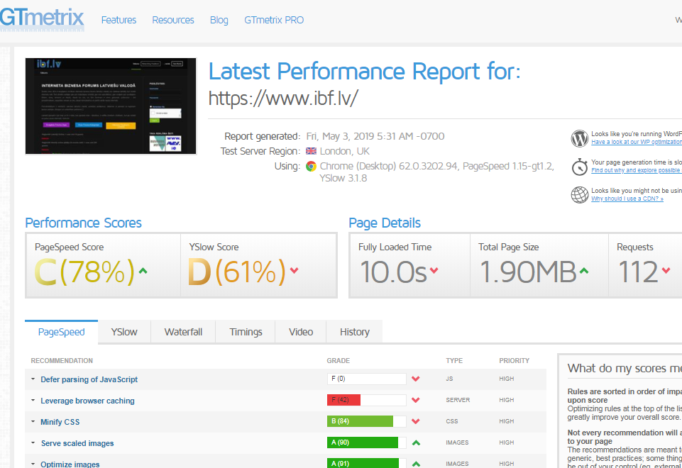 ibf.lv ielādes ātrums - GTMetrix screenshot