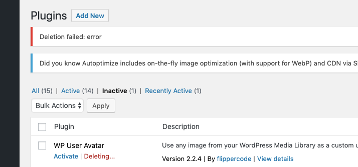 WP User Avatar nevar izdzēst