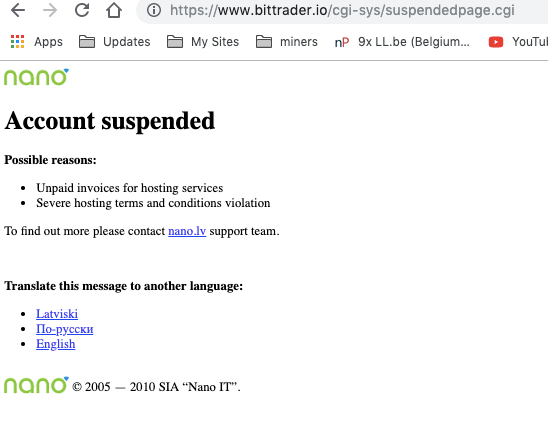 Nano atslēguši BitTraderim hostingu un uzlikuši drausmīgu vēlo maksātāju lapu