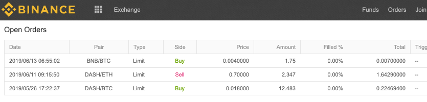 salikti orderi Binance biržā