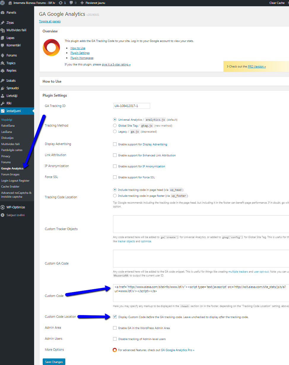 Alexas kodu ieliku sadaļā Custom code un papildus norādīju lai šis custom code parādās pirms GA tracking code
