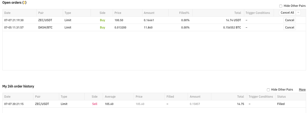 esošie orderi binancē