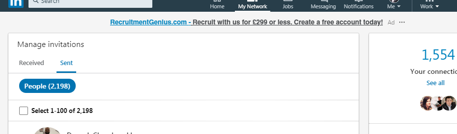esošā Linkedin situācija: 1554 savienojumi un 2198 izsūtīti (vēl neapstiprināti) savienošanās pieprasījumi