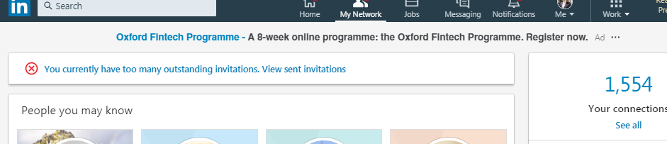 Linkedin paziņojums: You have too many outstanding invitations. View sent invitations