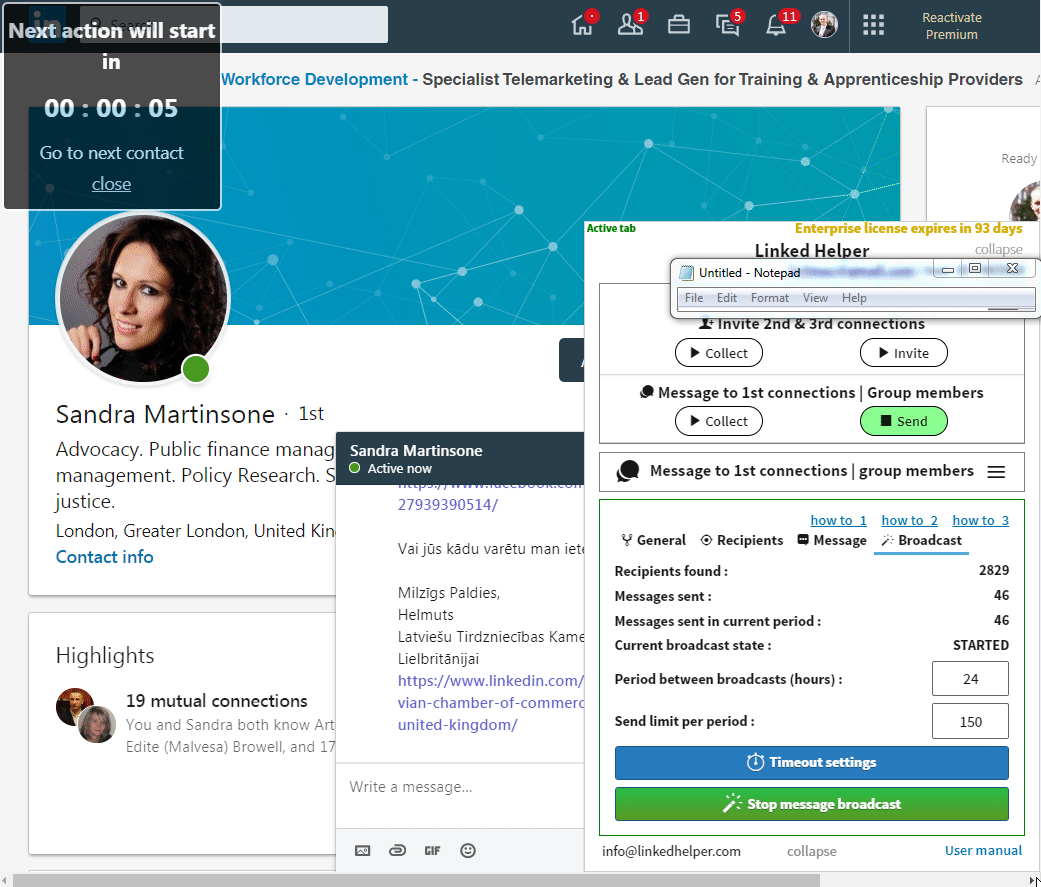 LinkedHelper grupu ziņu izsūtīšanas demostrācija