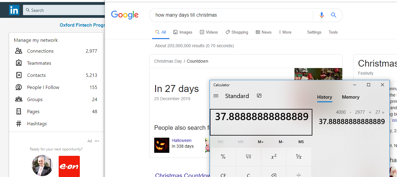 situācija: 2977 Linkedin kontakti, līdz Ziemassvētkiem 27 dienas