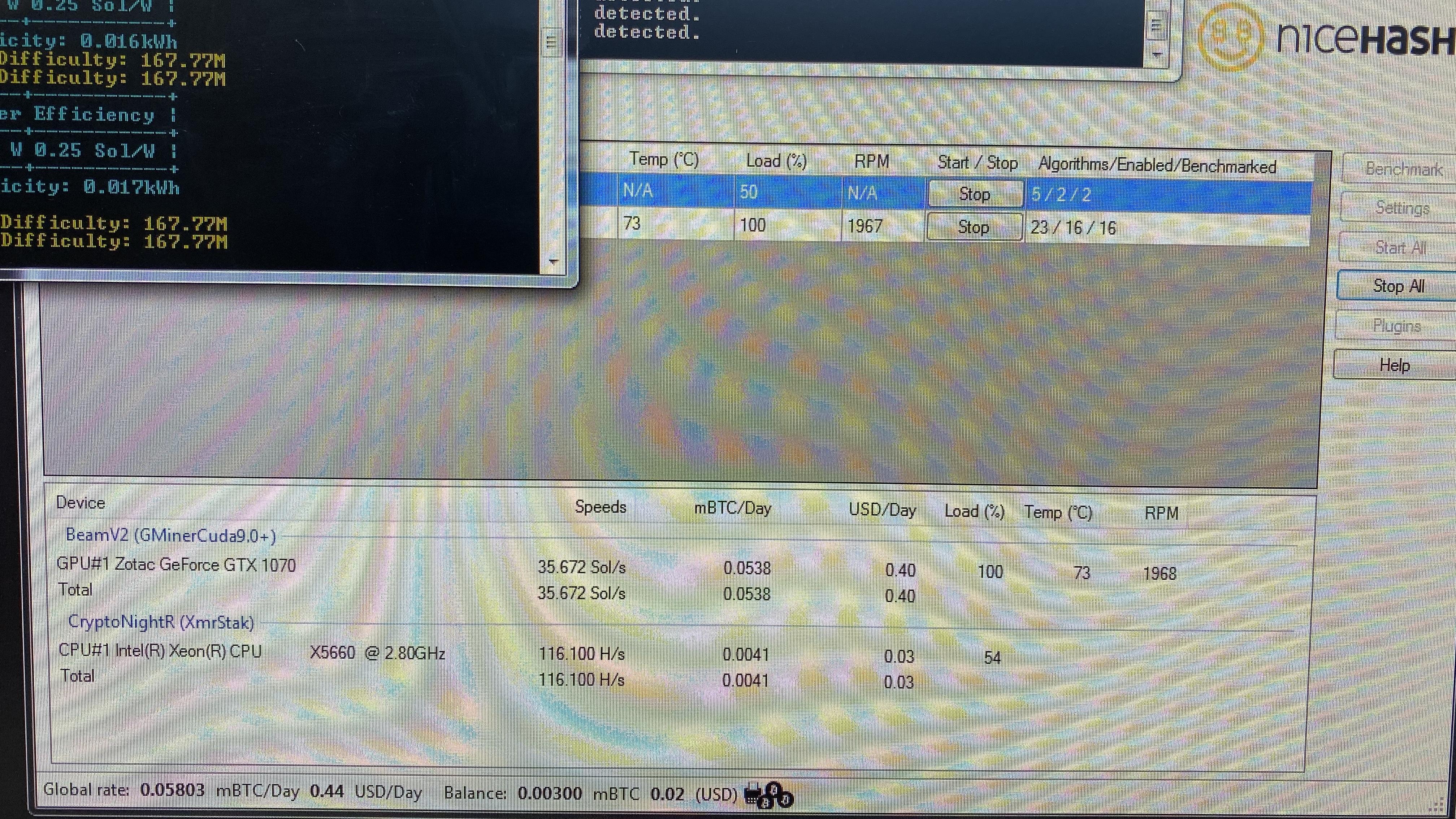 Nicehash ekrāns - kā maino 1070