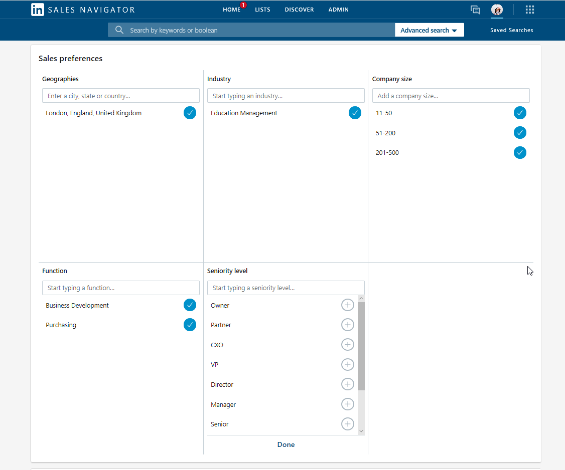 Linkedin Sales Preferences screenshot