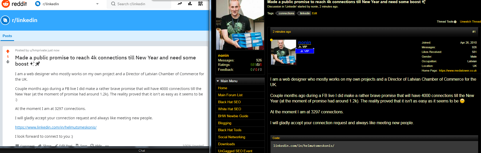 connection pieprasījumi Redditā un Blackhatworld