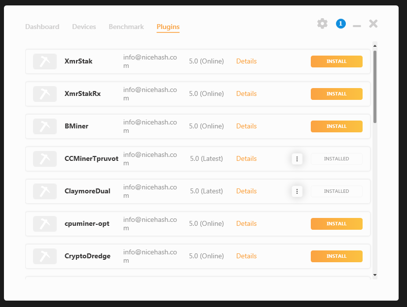 nicehash 3.0 plugins sadaļa
