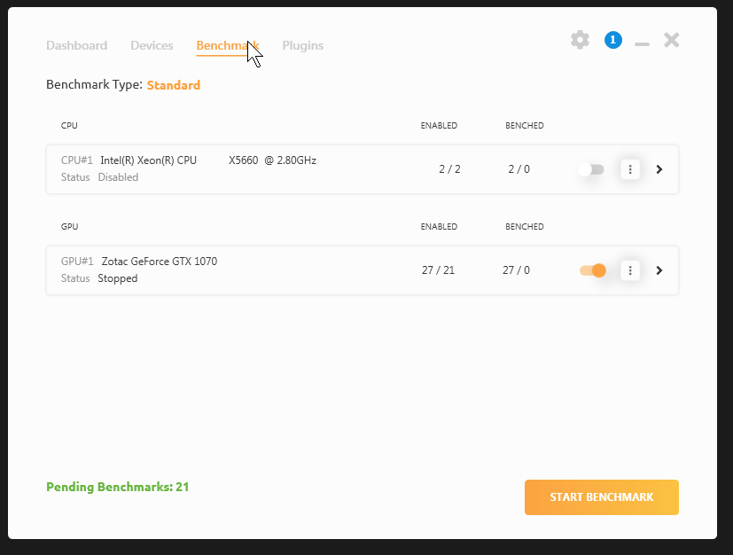 nicehash 3.0 Benchmark sadaļa