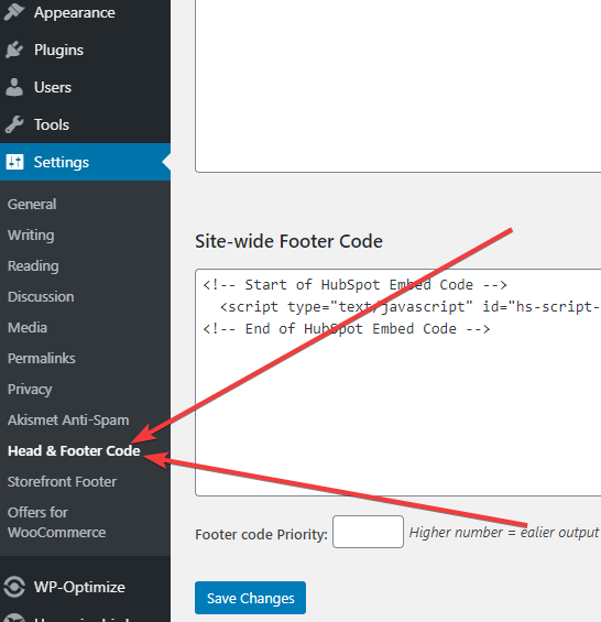 Settings > Head & Footer Code