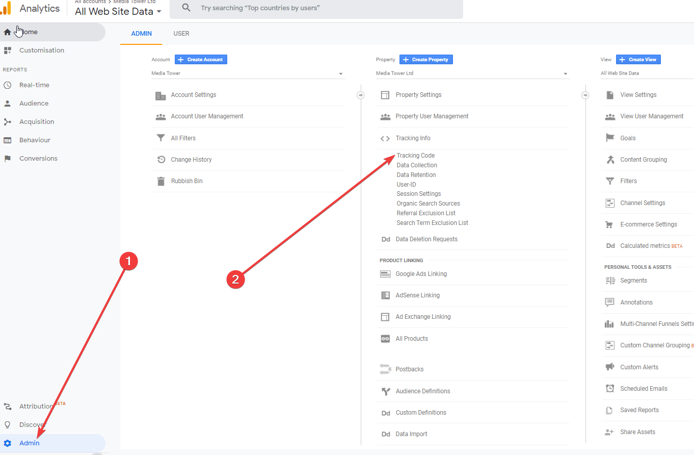 Kolonā Property nospiežam uz Tracking Code (zem Trancking Info)
