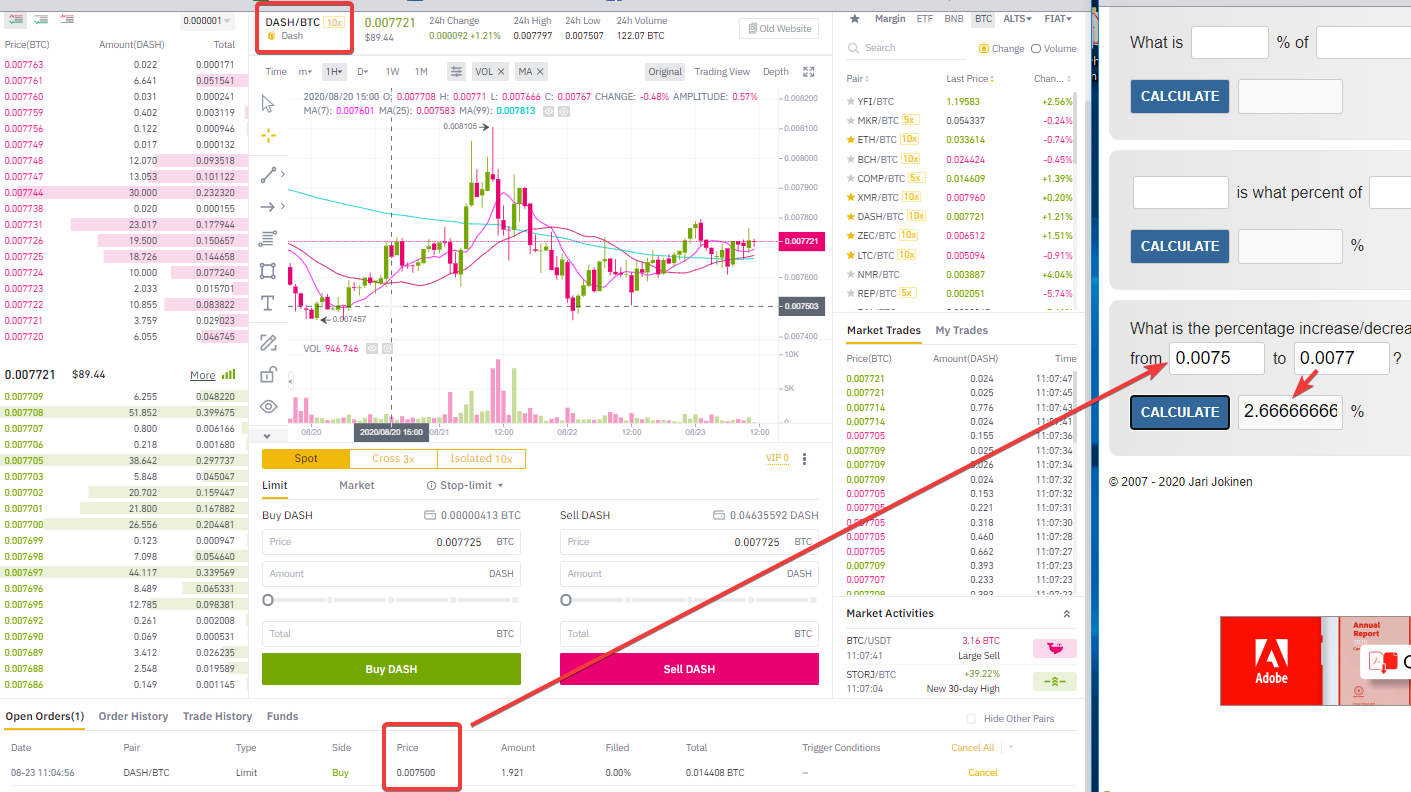 uzliku iepirkuma orderīti uz $DASH > plāns ir iepirkt pa 0.0075 BTC