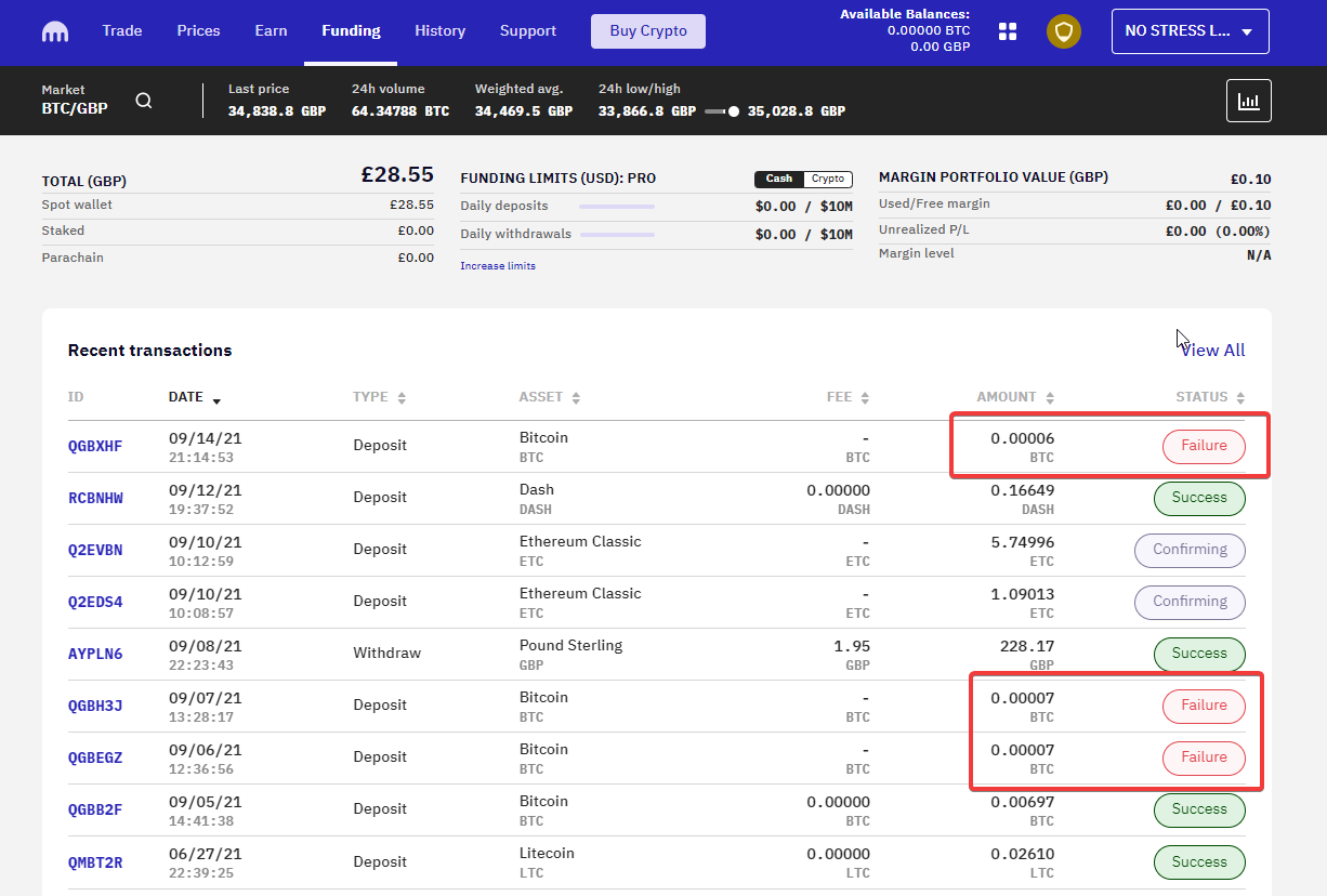 3 BTC maksājumi uz Kraken biržu - Failed